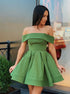 Off Shoulder Short Green Satin Pleats Homecoming Dresses LBQH0152